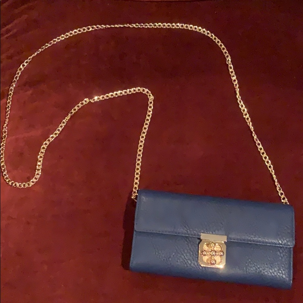 NEW Blue & gold wallet purse w/ removable chain